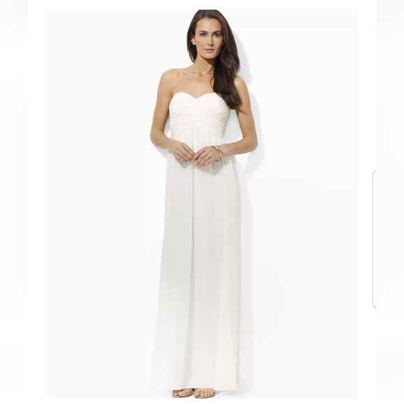 LAUREN RALPH LAUREN EVENING Cream Strapless Ruched Formal Ball Prom Gown - Picture 8 of 17